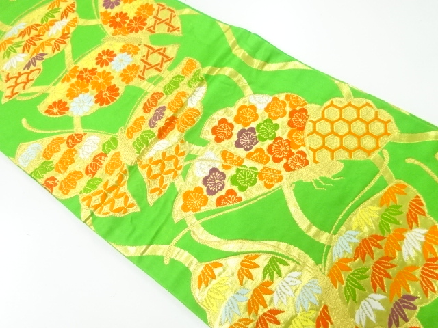 JAPANESE KIMONO / ANTIQUE FUKURO OBI / SILK / WOVEN UME & BAMBOO GRASS